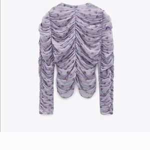 ZARA PRINTED BLOUSE XS PURPLE FLORAL GATHERED DETAILS RUCHED LONG SLEEVE
